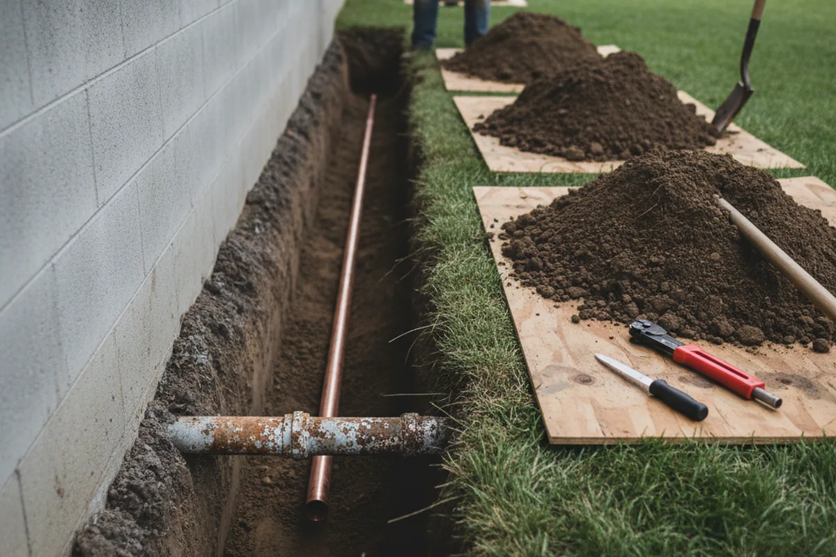 Excavated water line trench during Water Softener Installation in Three Rivers